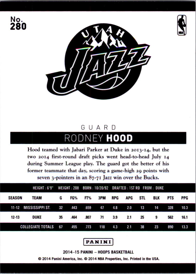 2014-15 Hoops #280 Rodney Hood RC back image