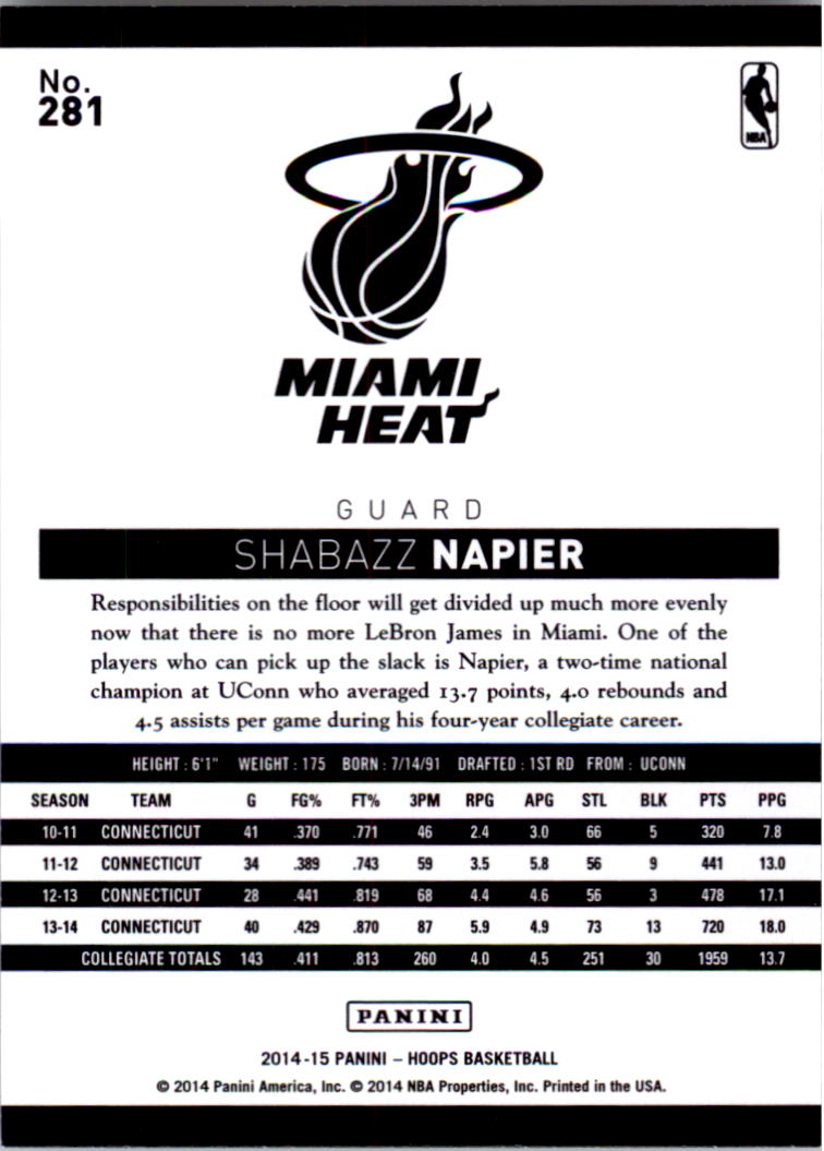 2014-15 Hoops #281 Shabazz Napier RC back image