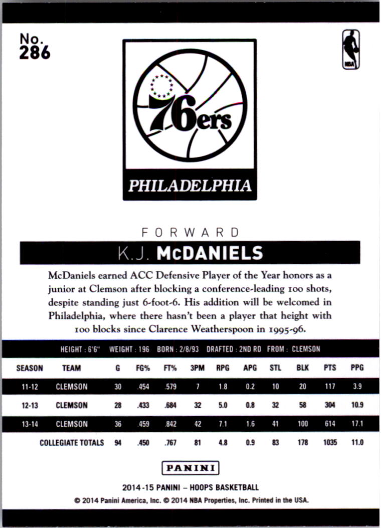 2014-15 Hoops #286 K.J. McDaniels RC back image