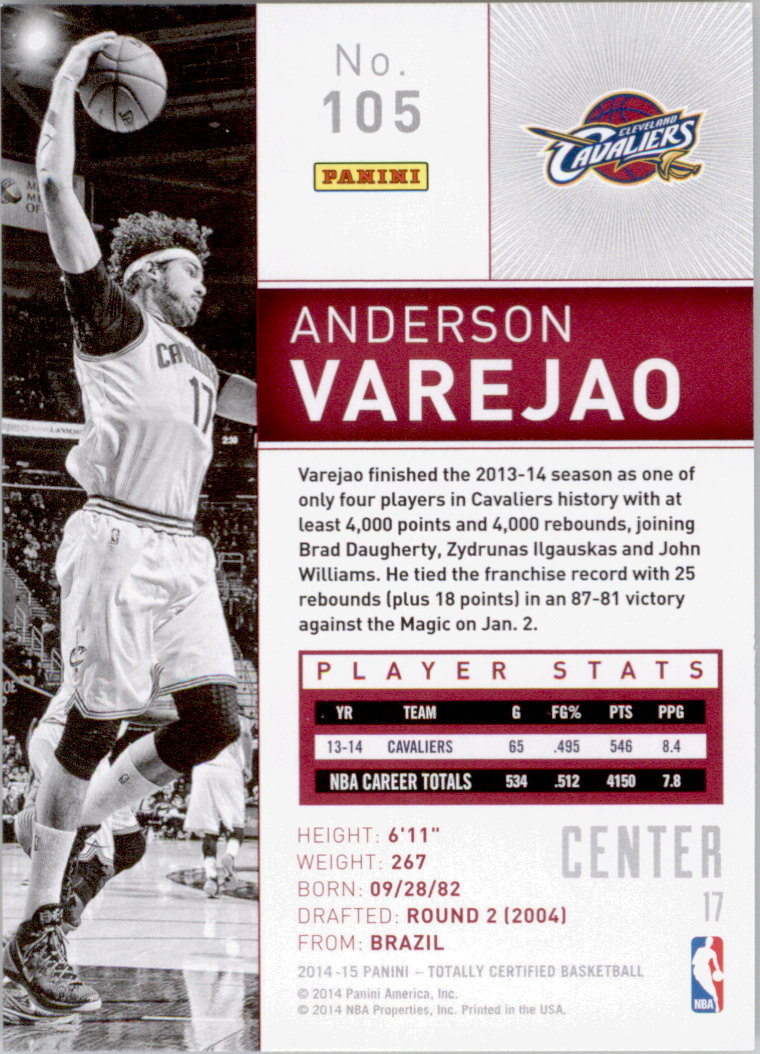 2014-15 Totally Certified #105 Anderson Varejao back image