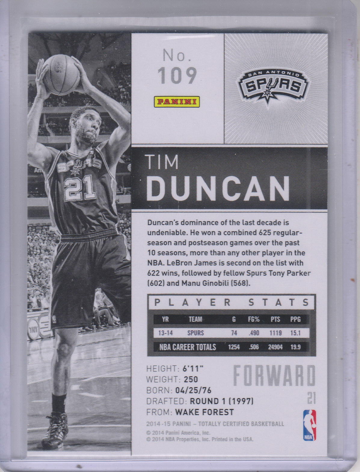 2014-15 Totally Certified #109A Tim Duncan back image