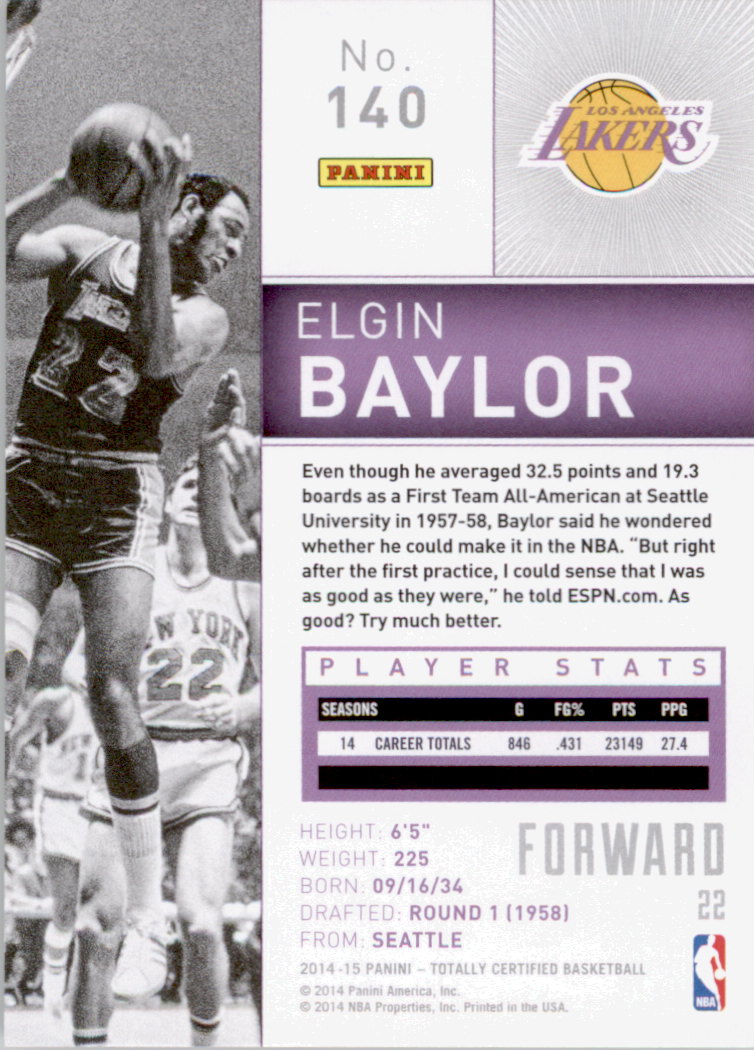 2014-15 Totally Certified #140 Elgin Baylor back image