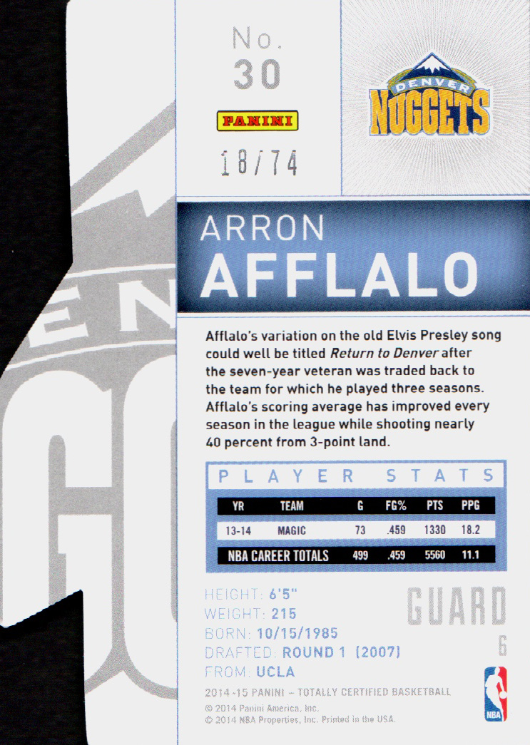 2014-15 Totally Certified Platinum Mirror Blue Die Cuts #30 Arron Afflalo back image