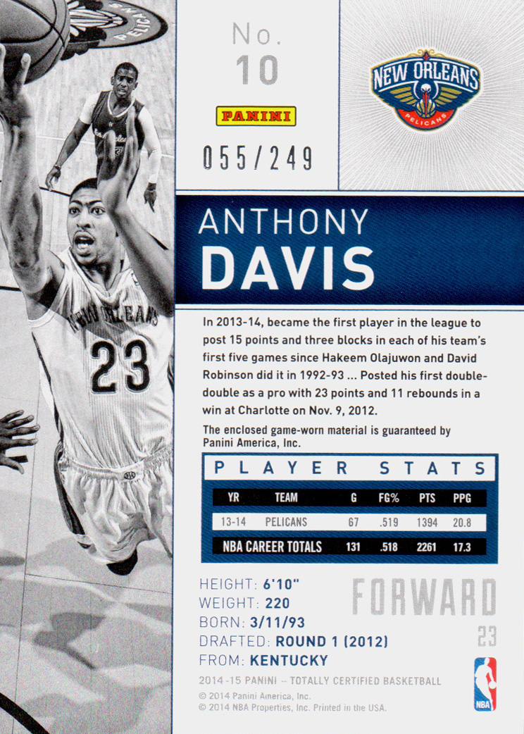 2014-15 Totally Certified Jerseys Red #10 Anthony Davis/249 back image