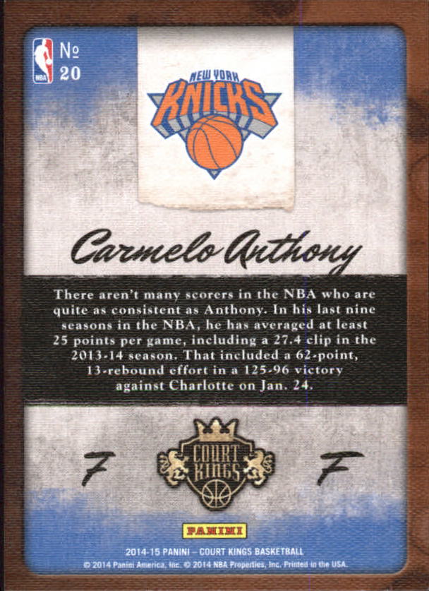 2014-15 Court Kings Aficionado #20 Carmelo Anthony back image