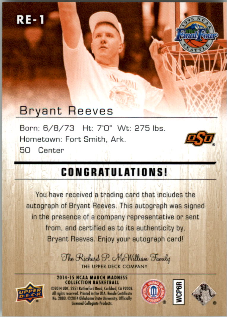 2014-15 Upper Deck March Madness Collection Gold Foil Autographs #RE1 Bryant Reeves SP E back image