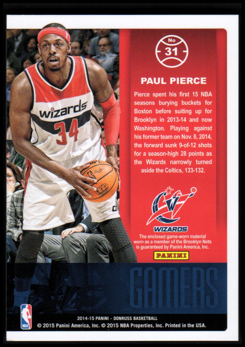 2014-15 Donruss Gamers Jerseys #31 Paul Pierce back image