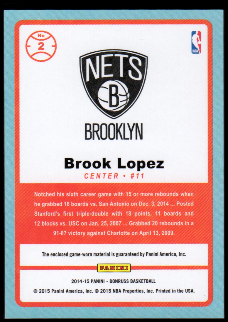 2014-15 Donruss Game Threads #2 Brook Lopez back image
