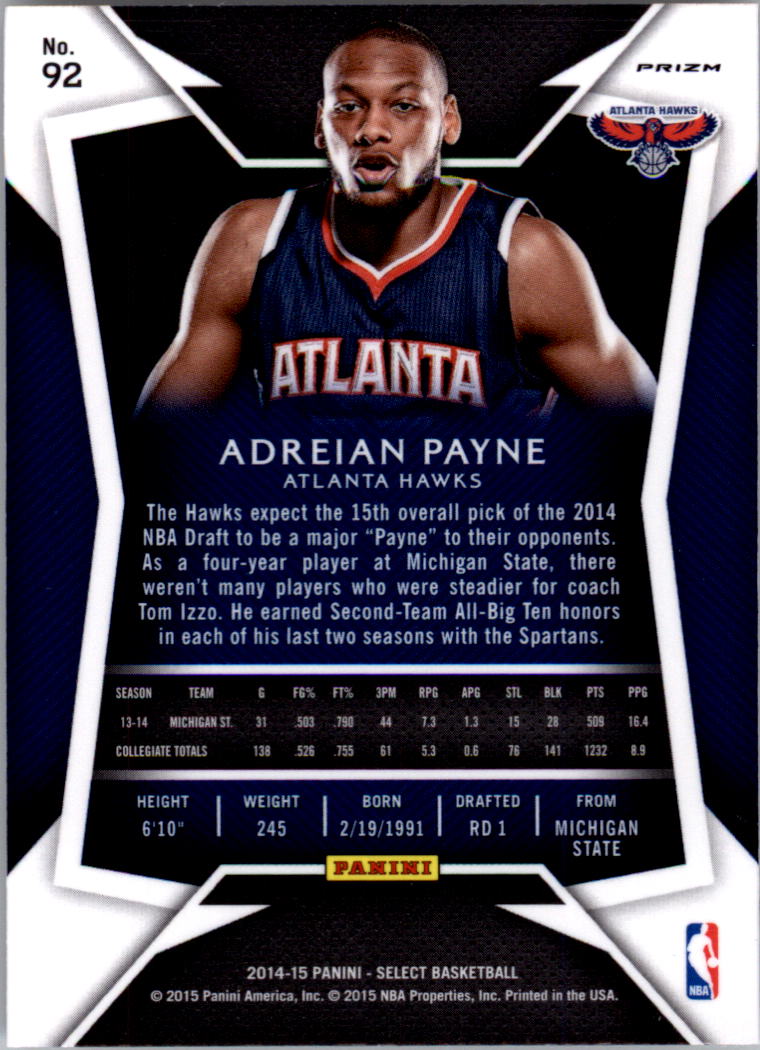 2014-15 Select Prizms Silver #92 Adreian Payne CON back image