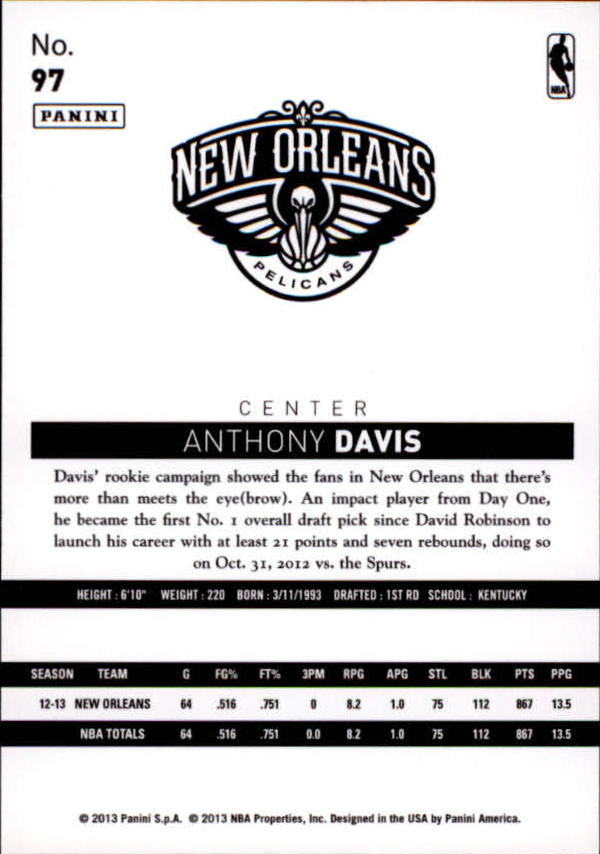 2013-14 Hoops Chinese #97 Anthony Davis back image