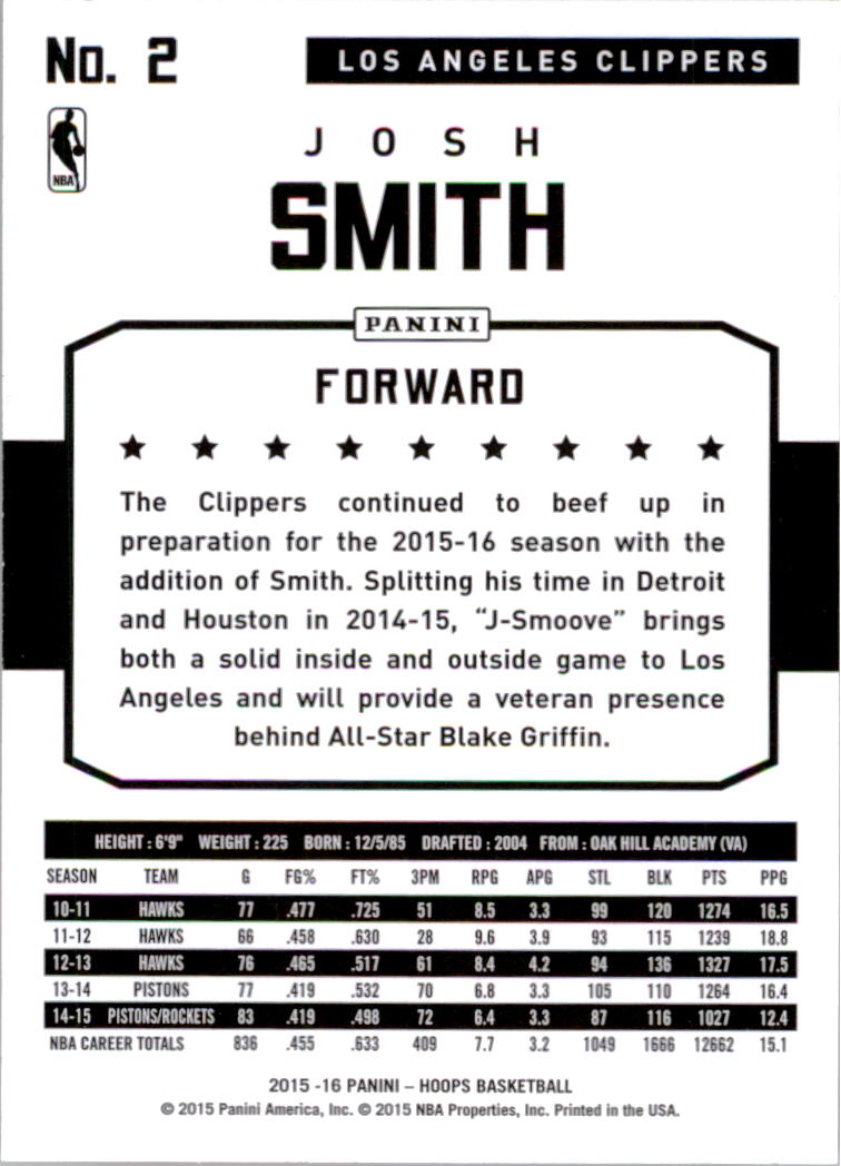 2015-16 Hoops #2 Josh Smith back image