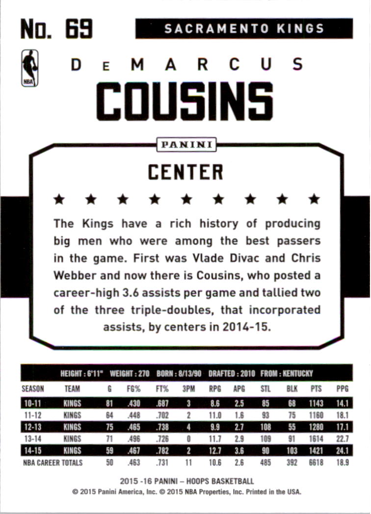 2015-16 Hoops #69 DeMarcus Cousins back image
