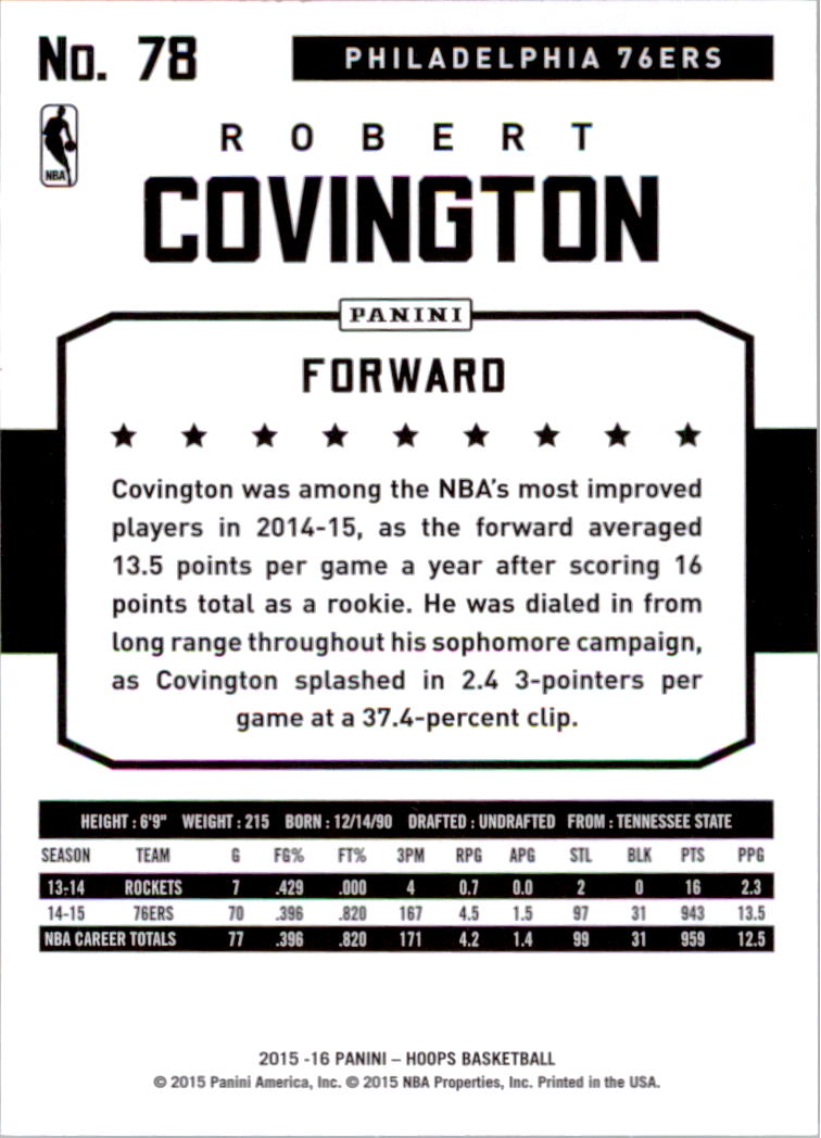 2015-16 Hoops #78 Robert Covington back image