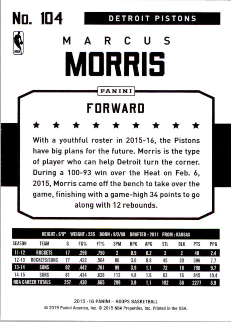 2015-16 Hoops #104 Marcus Morris back image