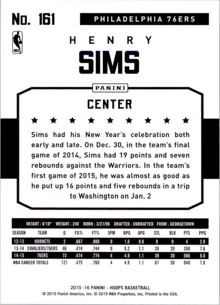 2015-16 Hoops #161 Henry Sims back image
