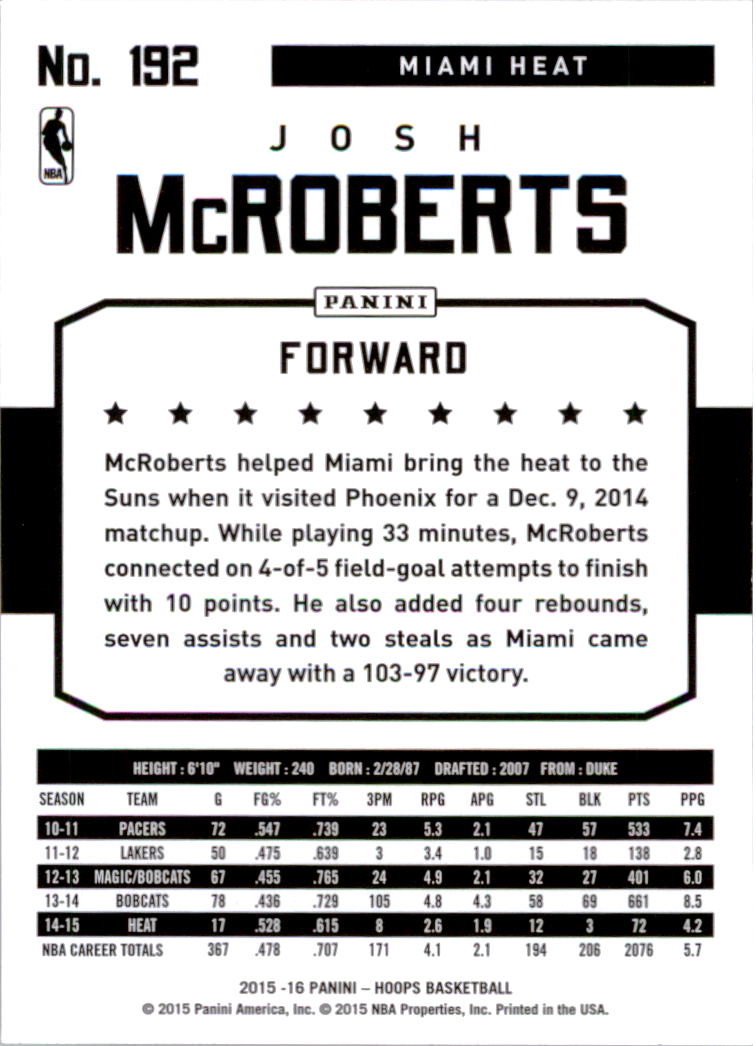 2015-16 Hoops #192 Josh McRoberts back image