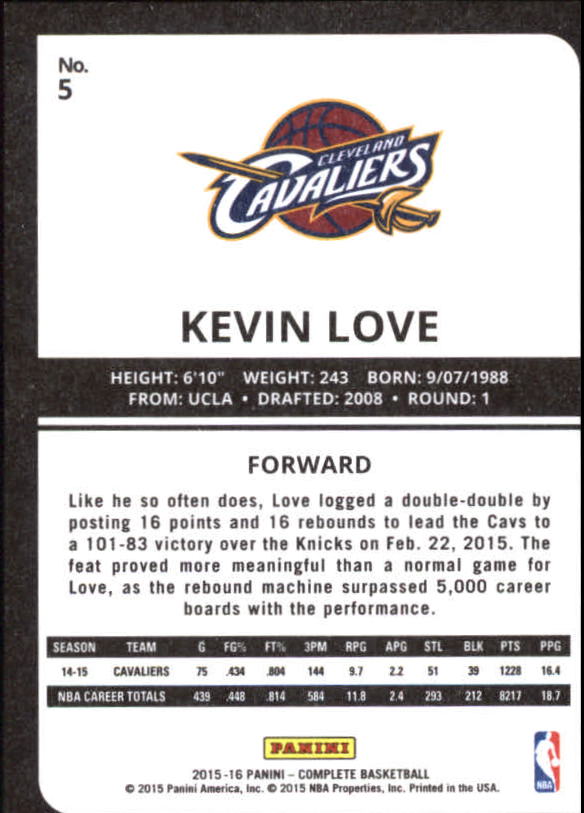 2015-16 Panini Complete Silver #5 Kevin Love back image