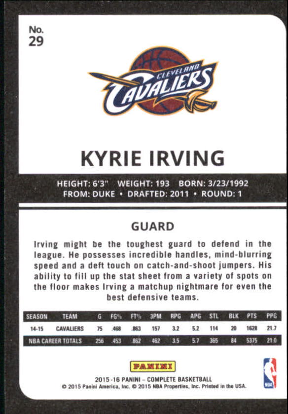 2015-16 Panini Complete Silver #29 Kyrie Irving back image