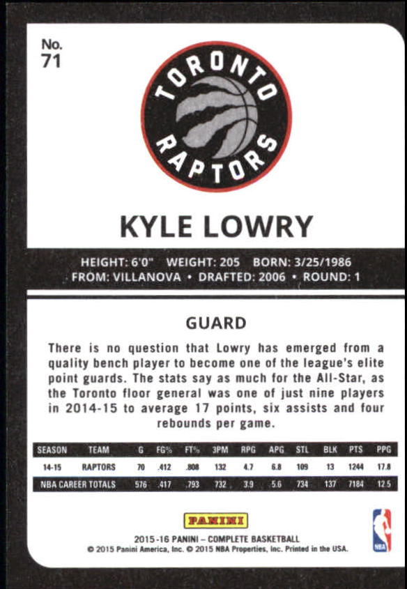 2015-16 Panini Complete Silver #71 Kyle Lowry back image