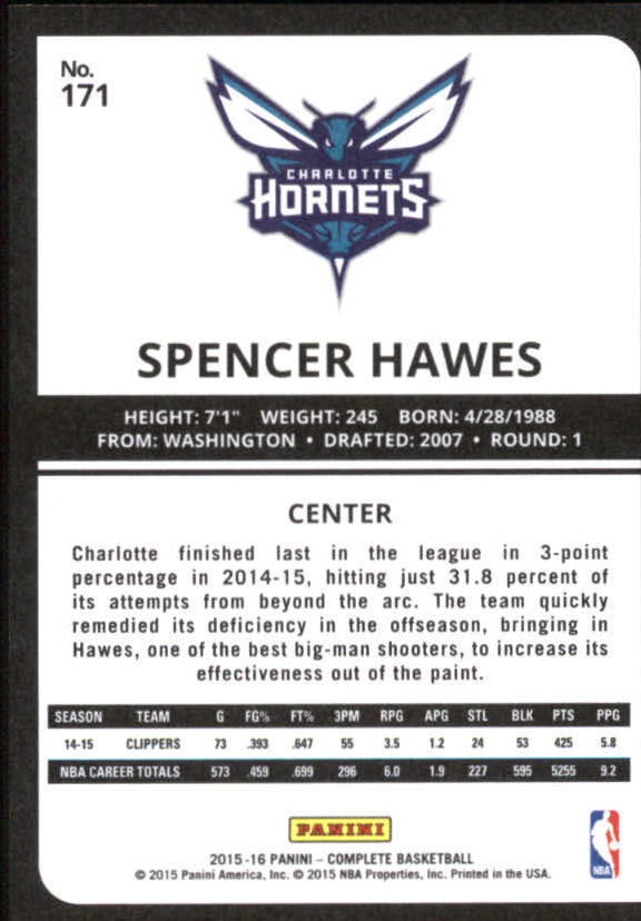 2015-16 Panini Complete Silver #171 Spencer Hawes back image