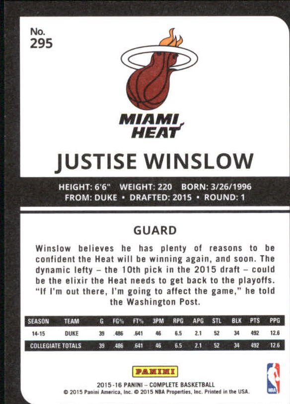2015-16 Panini Complete Silver #295 Justise Winslow back image
