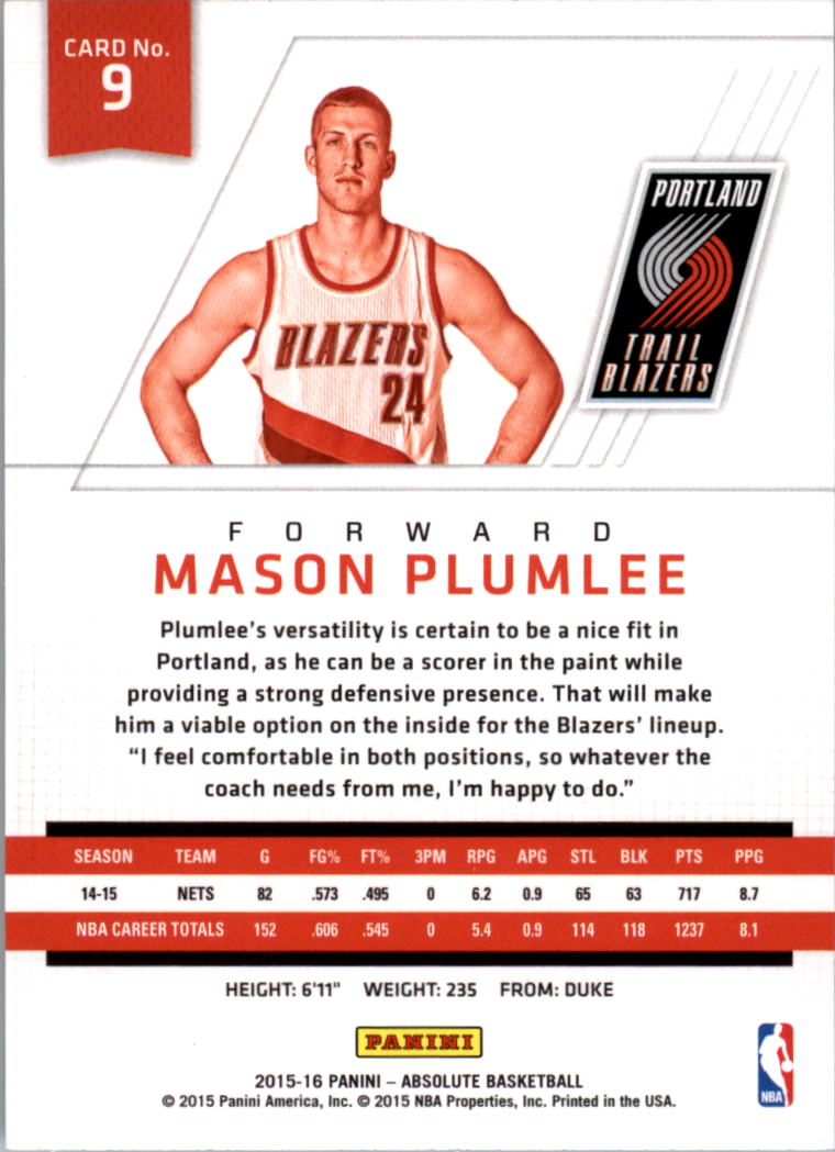 2015-16 Absolute Memorabilia #9 Mason Plumlee back image