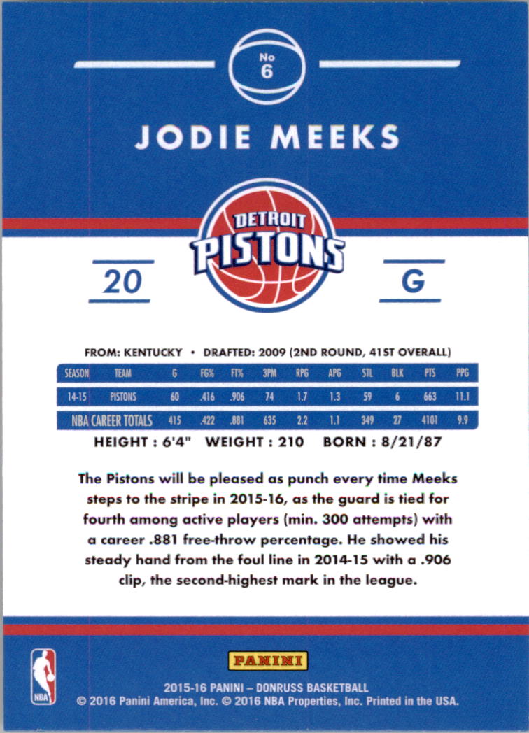 2015-16 Donruss #6 Jodie Meeks back image