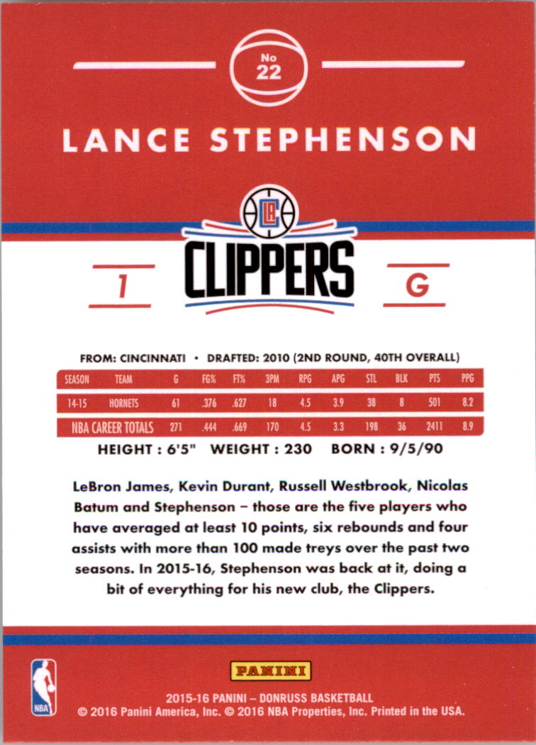 2015-16 Donruss #22 Lance Stephenson back image