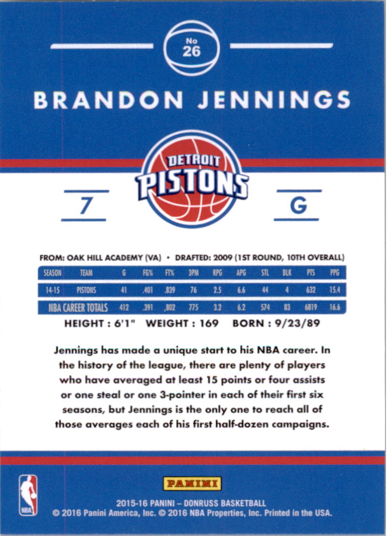 2015-16 Donruss #26 Brandon Jennings back image