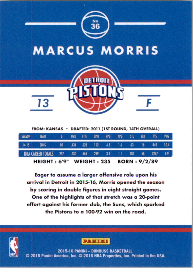 2015-16 Donruss #36 Marcus Morris back image