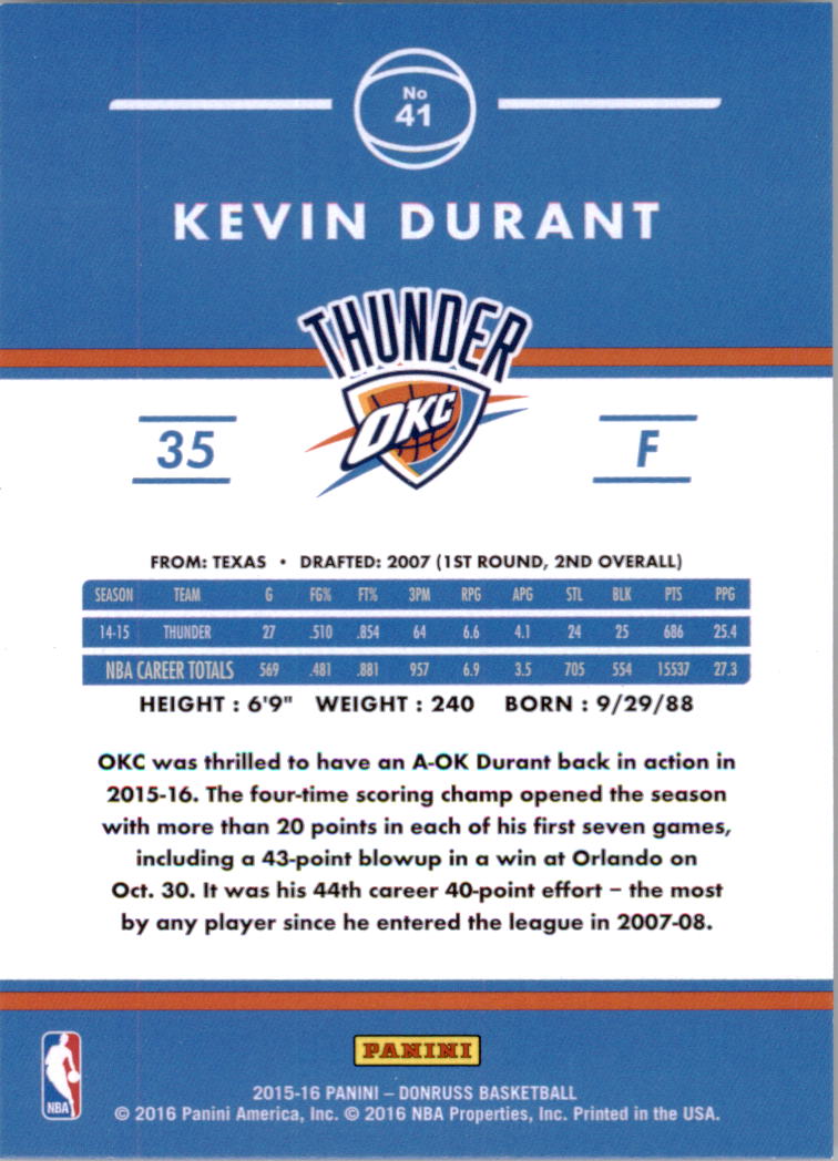 2015-16 Donruss #41 Kevin Durant back image