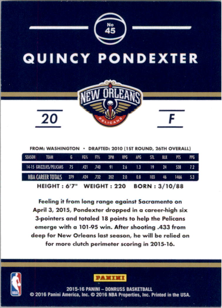 2015-16 Donruss #45 Quincy Pondexter back image