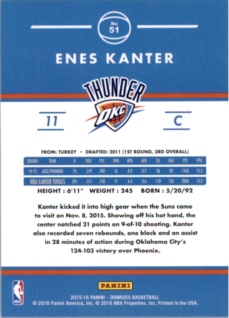 2015-16 Donruss #51 Enes Kanter back image