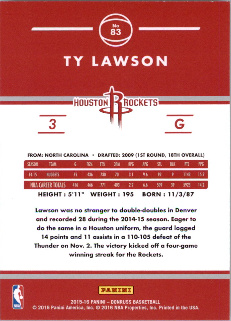 2015-16 Donruss #83 Ty Lawson back image