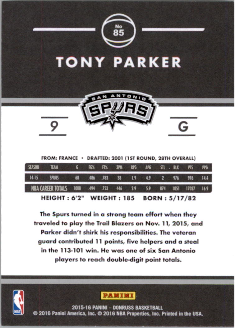 2015-16 Donruss #85 Tony Parker back image