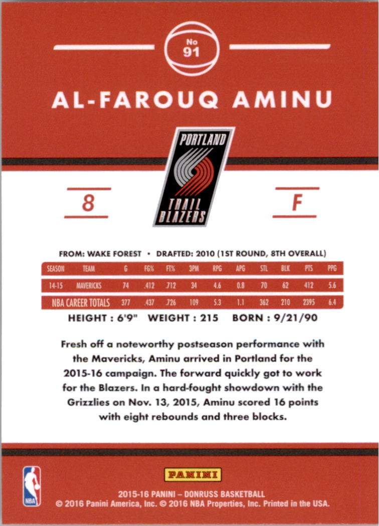 2015-16 Donruss #91 Al-Farouq Aminu back image