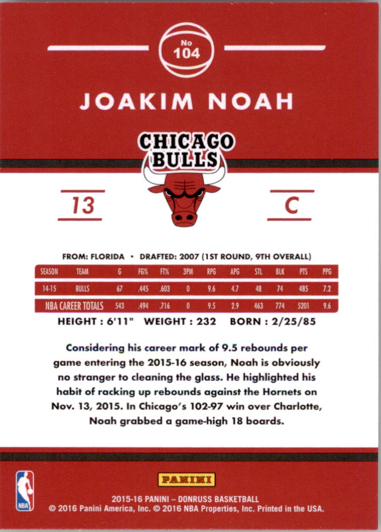 2015-16 Donruss #104 Joakim Noah back image