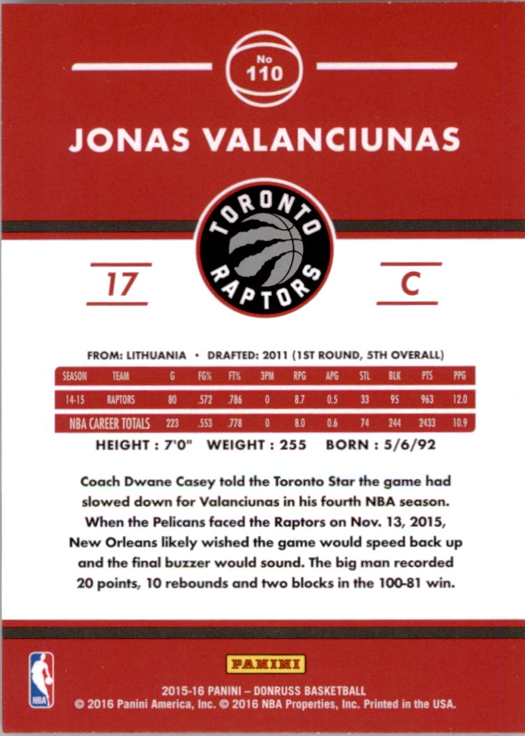 2015-16 Donruss #110 Jonas Valanciunas back image