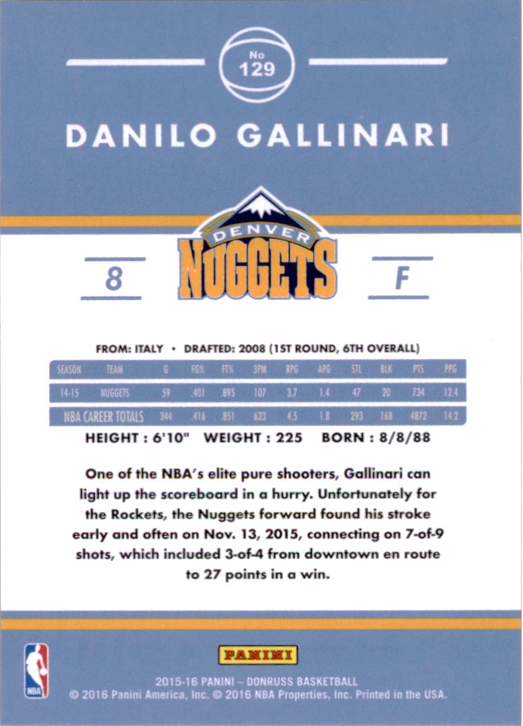 2015-16 Donruss #129 Danilo Gallinari back image
