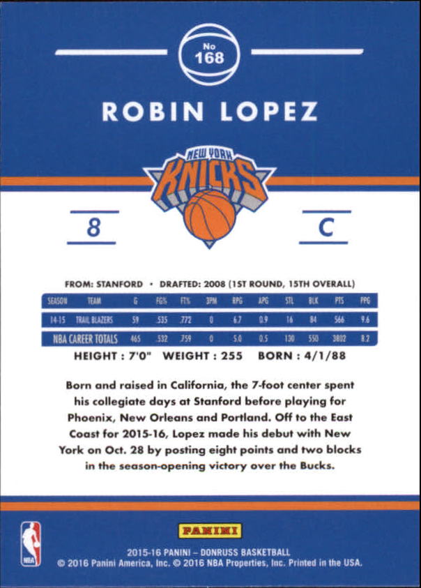 2015-16 Donruss #168 Robin Lopez back image