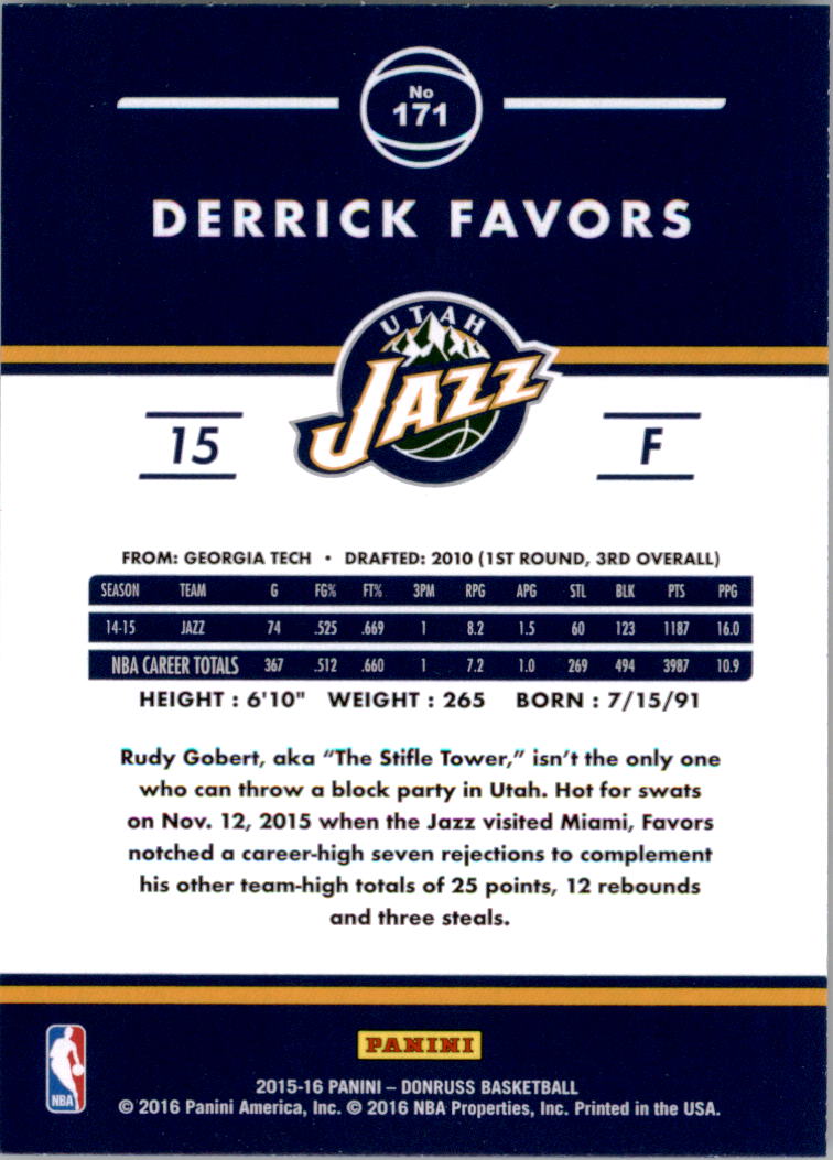 2015-16 Donruss #171 Derrick Favors back image