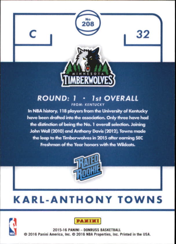 2015-16 Donruss #208 Karl-Anthony Towns RC back image