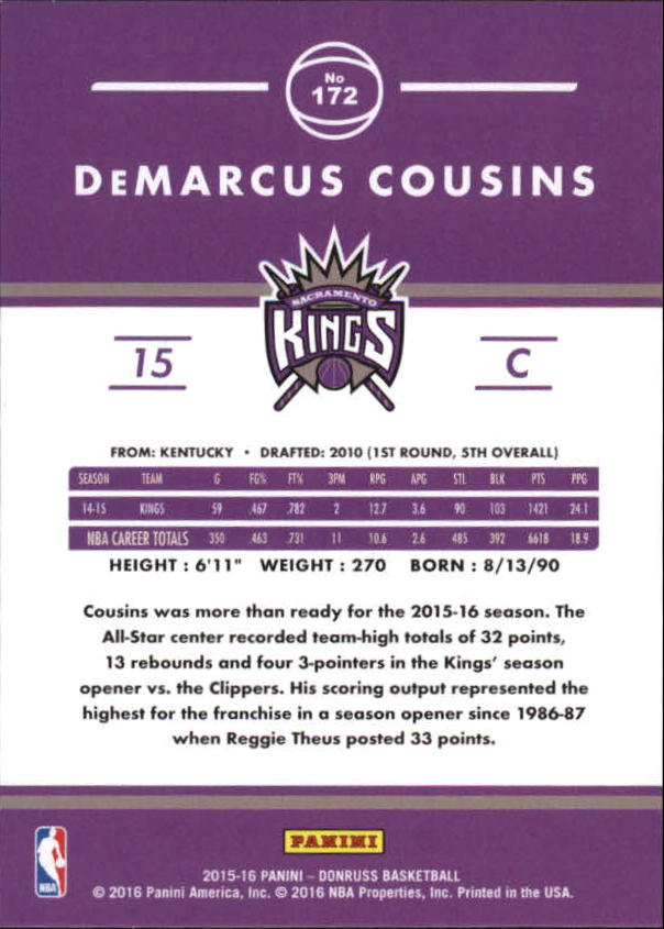 2015-16 Donruss Points #172 DeMarcus Cousins/241 back image