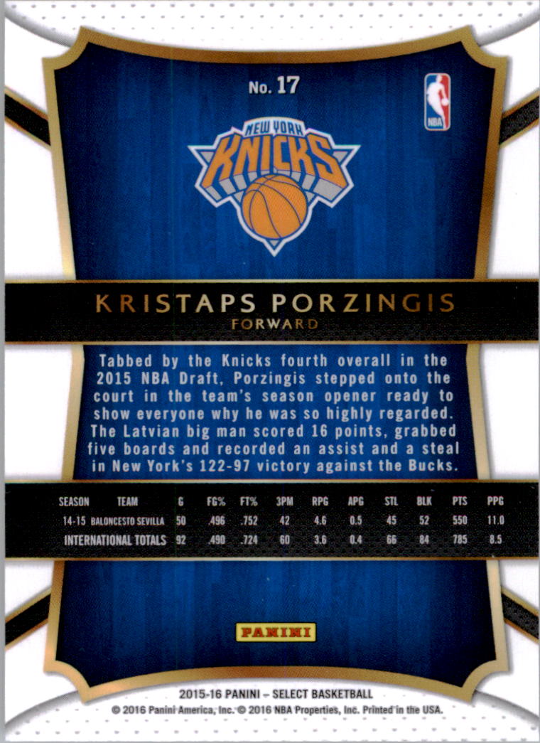 2015-16 Select #17 Kristaps Porzingis CON RC back image