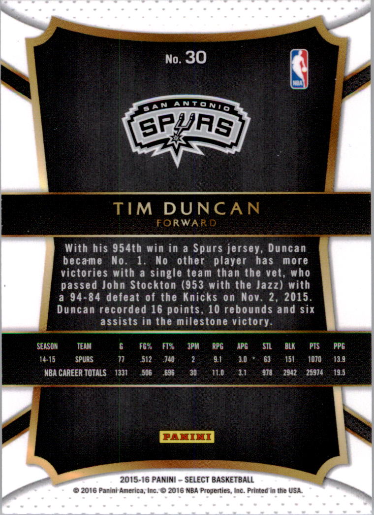 2015-16 Select #30 Tim Duncan CON back image