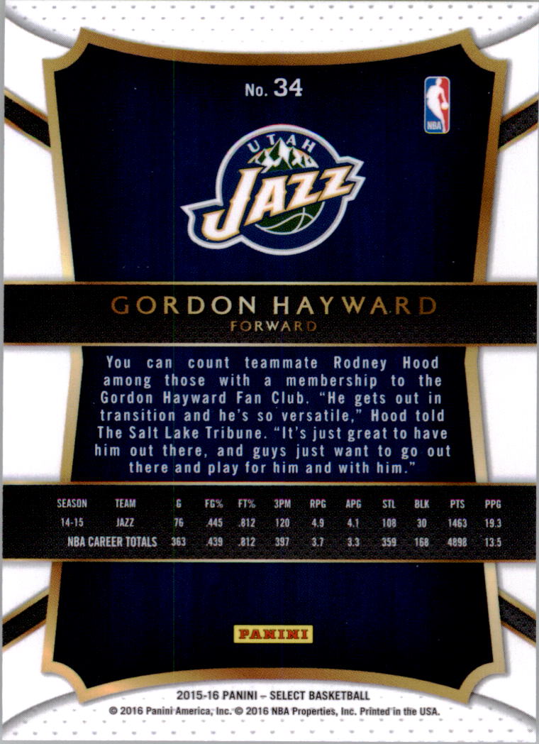 2015-16 Select #34 Gordon Hayward CON back image