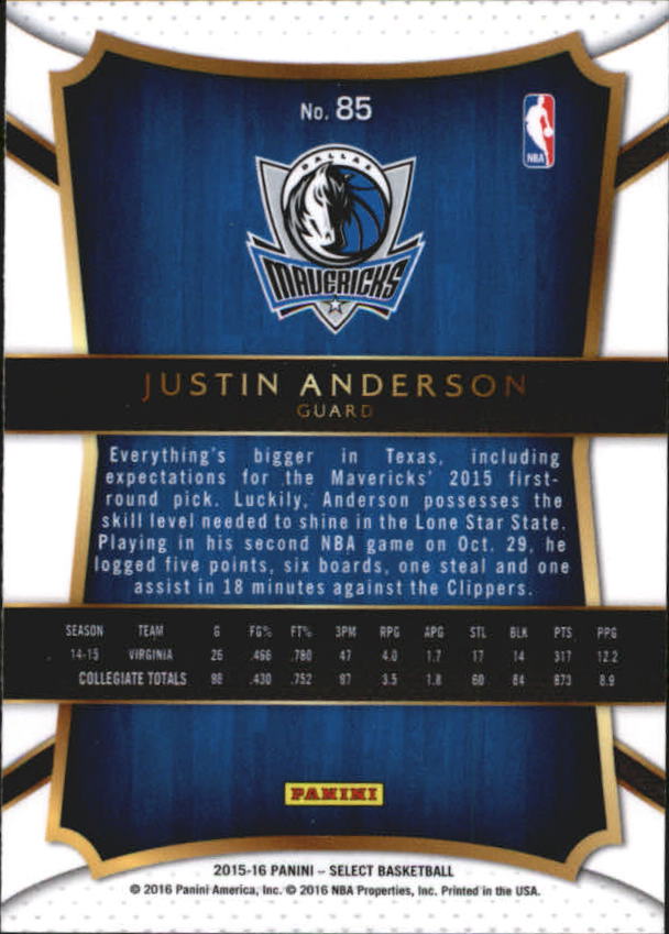 2015-16 Select #85 Justin Anderson CON RC back image