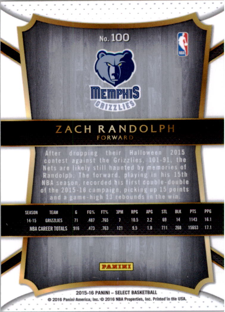 2015-16 Select #100 Zach Randolph CON back image