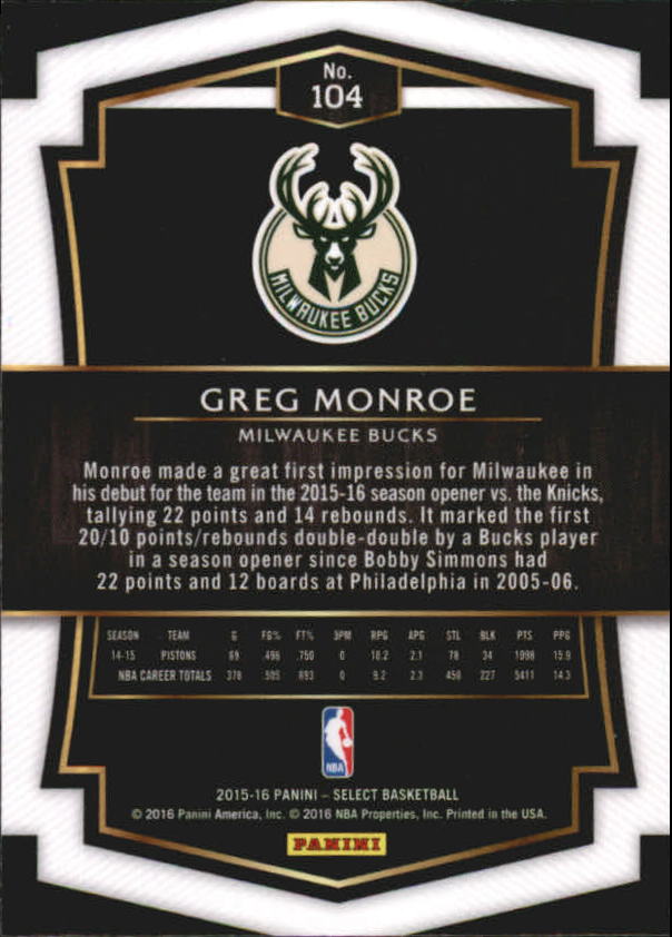 2015-16 Select #104 Greg Monroe PRE back image