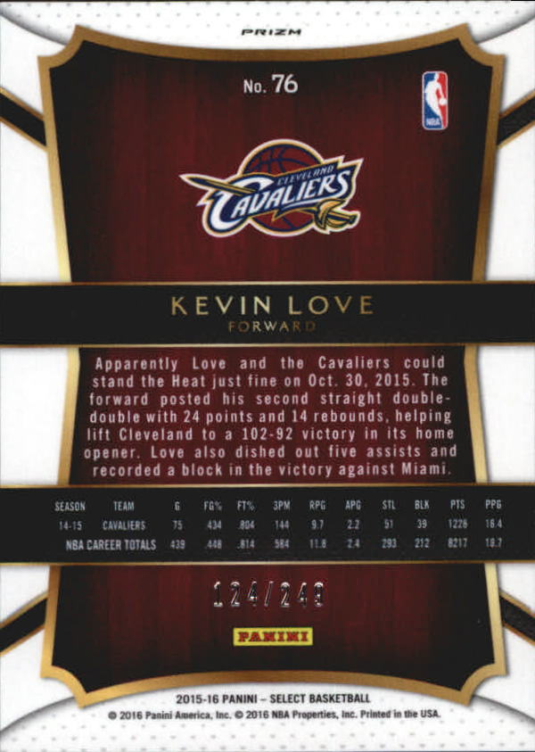2015-16 Select Concourse Prizms Blue #76 Kevin Love back image